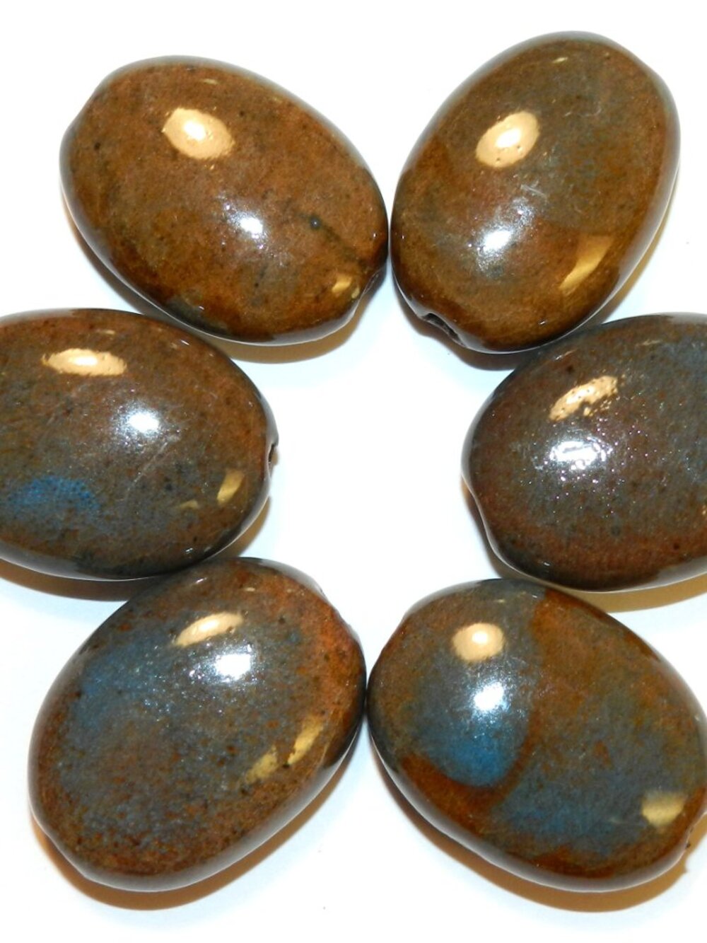 CPC293 Honey Brown & Aqua Blue 30mm Flat Puffed Oval Glazed Ceramic Beads 6pc
